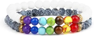 2Pcs/Set 7 Chakra Reiki Beads Bracelet Charm 6mm Natural Lava Weathered Stone Balance Prayer Bracelets&Bangles Men Women Jewelry,Set 10