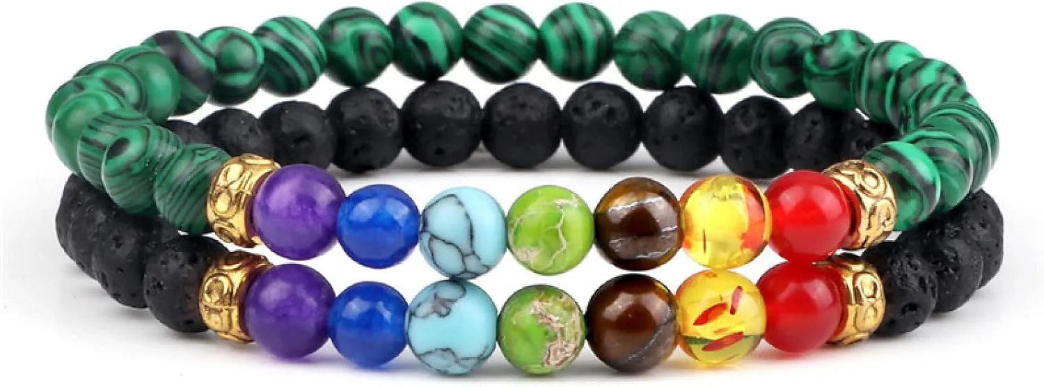 2Pcs/Set 7 Chakra Reiki Beads Bracelet Charm 6mm Natural Lava Weathered Stone Balance Prayer Bracelets&Bangles Men Women Jewelry,Set 18
