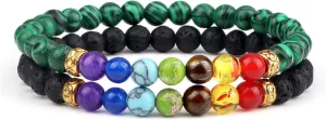 2Pcs/Set 7 Chakra Reiki Beads Bracelet Charm 6mm Natural Lava Weathered Stone Balance Prayer Bracelets&Bangles Men Women Jewelry,Set 18