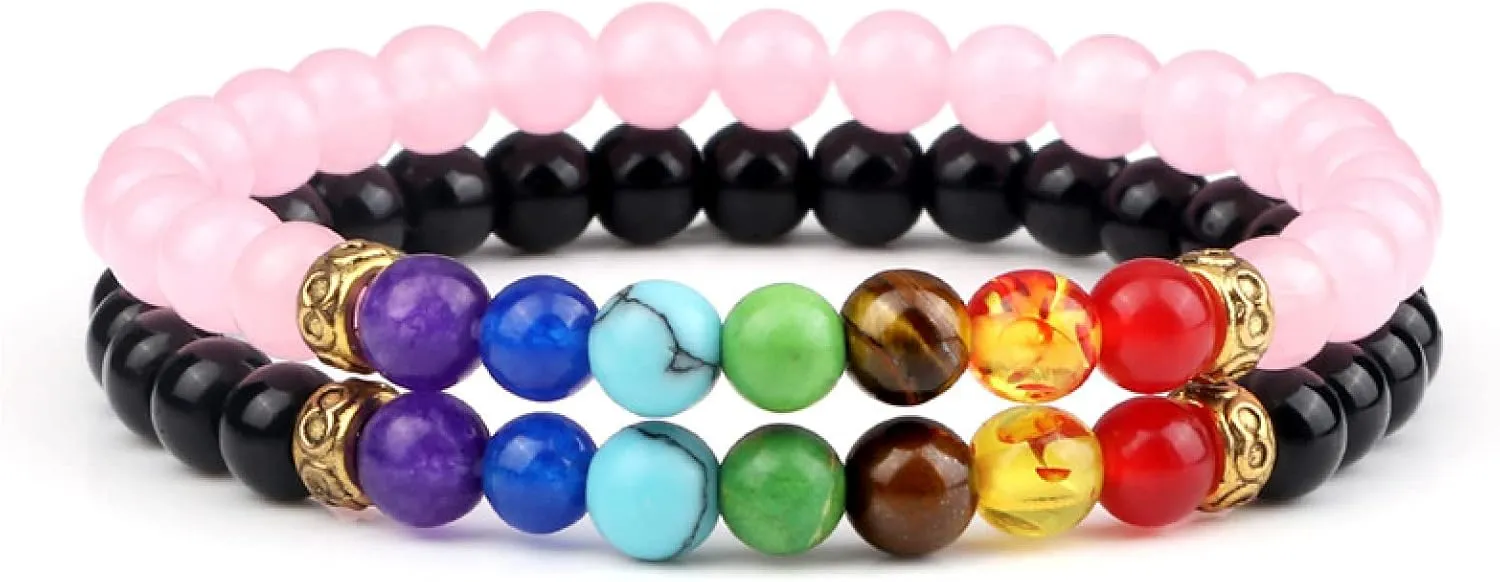 2Pcs/Set 7 Chakra Reiki Beads Bracelet Charm 6mm Natural Lava Weathered Stone Balance Prayer Bracelets&Bangles Men Women Jewelry,Set 21
