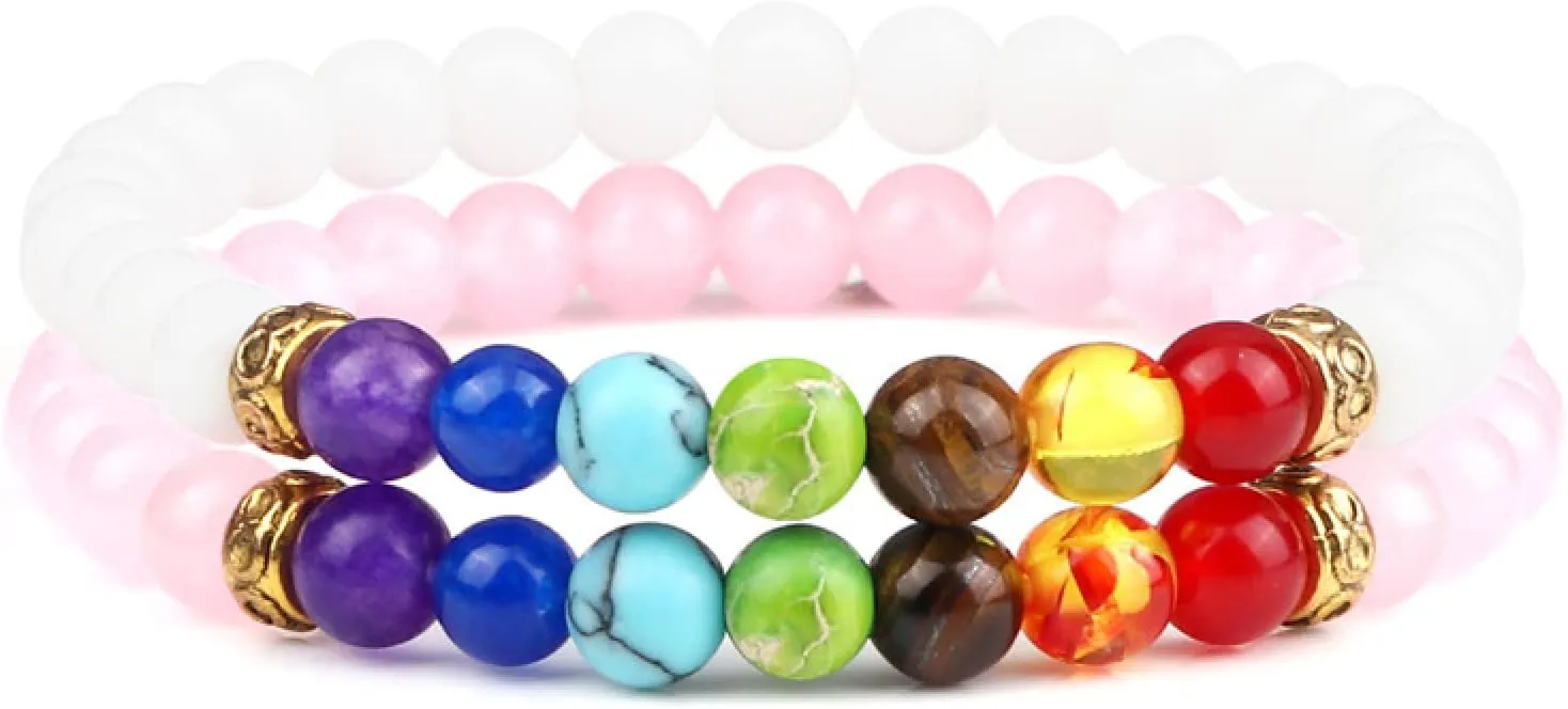 2Pcs/Set 7 Chakra Reiki Beads Bracelet Charm 6mm Natural Lava Weathered Stone Balance Prayer Bracelets&Bangles Men Women Jewelry,Set 7