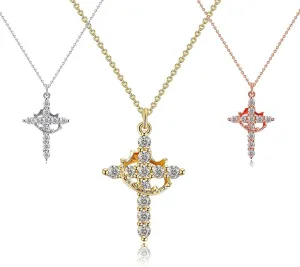 3 Pack Crown Cross Pendant Necklace for Women - Dainty Cubic Zirconia Pendant, Waterproof Non Tarnish Faith Jewelry in Gold, Silver, and Rosegold