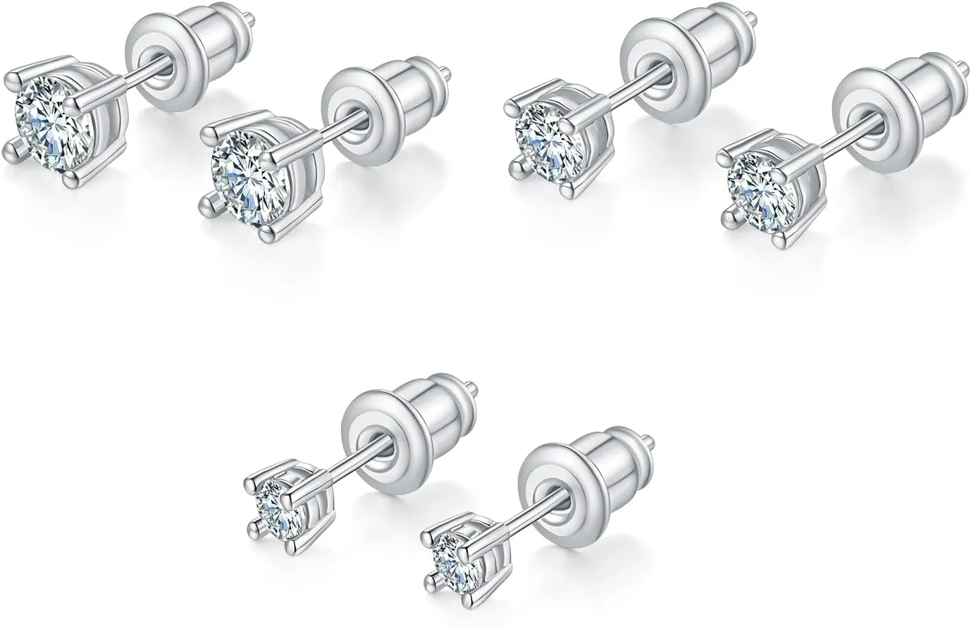 3 Pairs Cubic Zirconia Stud Earrings with Flat Back, Gold Plated Helix Cartilage Tragus Earrings, Hypoallergenic Sterling Silver Post, Dainty Jewelry for Women & Men Gift (3/4/5mm CZ, Gold/White Gold)