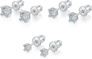 3 Pairs Cubic Zirconia Stud Earrings with Flat Back, Gold Plated Helix Cartilage Tragus Earrings, Hypoallergenic Sterling Silver Post, Dainty Jewelry for Women & Men Gift (3/4/5mm CZ, Gold/White Gold)