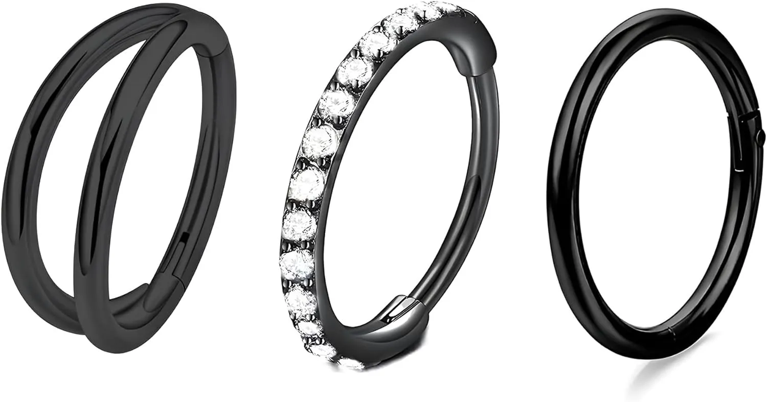 3 PCS 16G Diameter 8mm Silver Nose Rings Hoops 316L Stainless Steel Septum Clicker Lip Rings Cartilage Earring Helix Rook Tragus for Men and Women