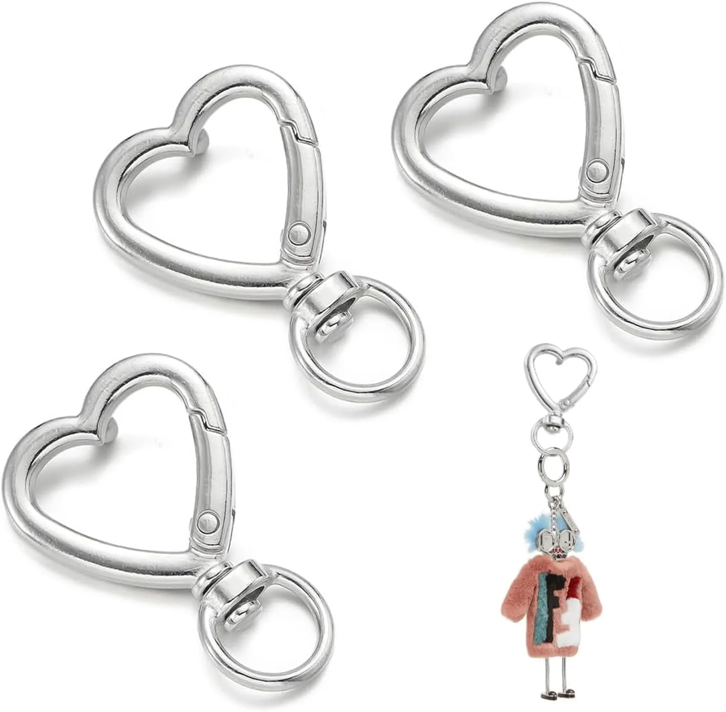 3 Pcs Heart Carabiner Key Ring Clasps Cute Heart Shaped Keychain Clip Hooks Fashionable Silver Keyring Buckles for Keys Bags Purses and Handbags Unique Key Carabiner for Keychains