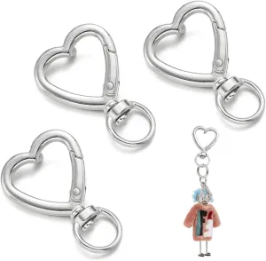 3 Pcs Heart Carabiner Key Ring Clasps Cute Heart Shaped Keychain Clip Hooks Fashionable Silver Keyring Buckles for Keys Bags Purses and Handbags Unique Key Carabiner for Keychains