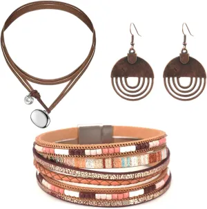 3 Pcs Western Jewelry for Women,Boho Jewelry Sets for Women Boho Pendant Long Choker Necklace Dangle Drop Earrings and Faux Leather Layered Bracelet for Women Gift