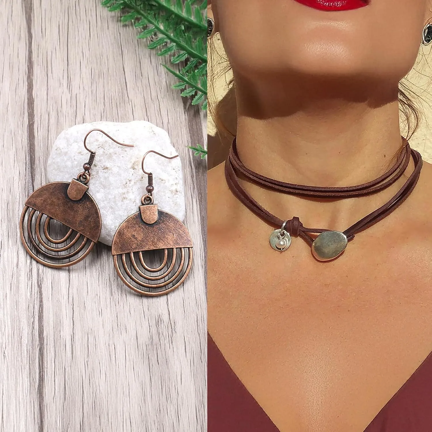 3 Pcs Western Jewelry for Women,Boho Jewelry Sets for Women Boho Pendant Long Choker Necklace Dangle Drop Earrings and Faux Leather Layered Bracelet for Women Gift