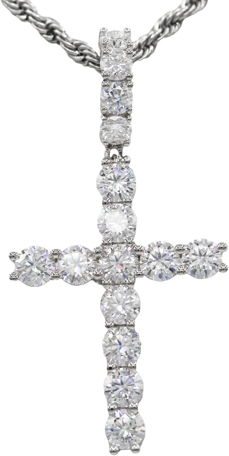 3.64ctw Large Moissanite Cross Pendant for Men Women, 18k White Gold Plated Solid 925 Sterling Silver