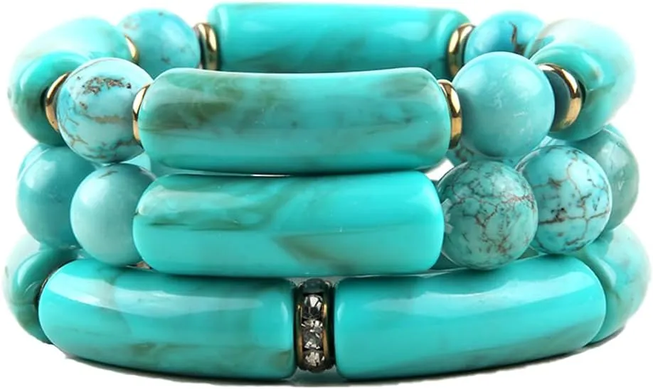 3PCS Acrylic Bamboo Tube Bangles Bracelet/Boho Gemstone Beaded Stackable Bracelets for Men Women,Handmade Wrap Bracelet Unisex Friendship Resin Western Jewelry Stretch Bracelets Set