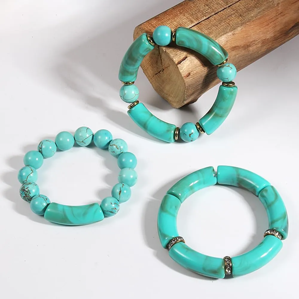3PCS Acrylic Bamboo Tube Bangles Bracelet/Boho Gemstone Beaded Stackable Bracelets for Men Women,Handmade Wrap Bracelet Unisex Friendship Resin Western Jewelry Stretch Bracelets Set