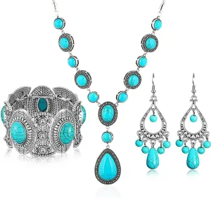 3Pcs Bohemian Turquoise Jewelery Set for Women Western Jewelry Boho Turquoise Choker Necklace Pendant Vintage Dangle Earring Stretchable Bracelets Cowgirl Wedding Party Gift for Birthday Girlfriend