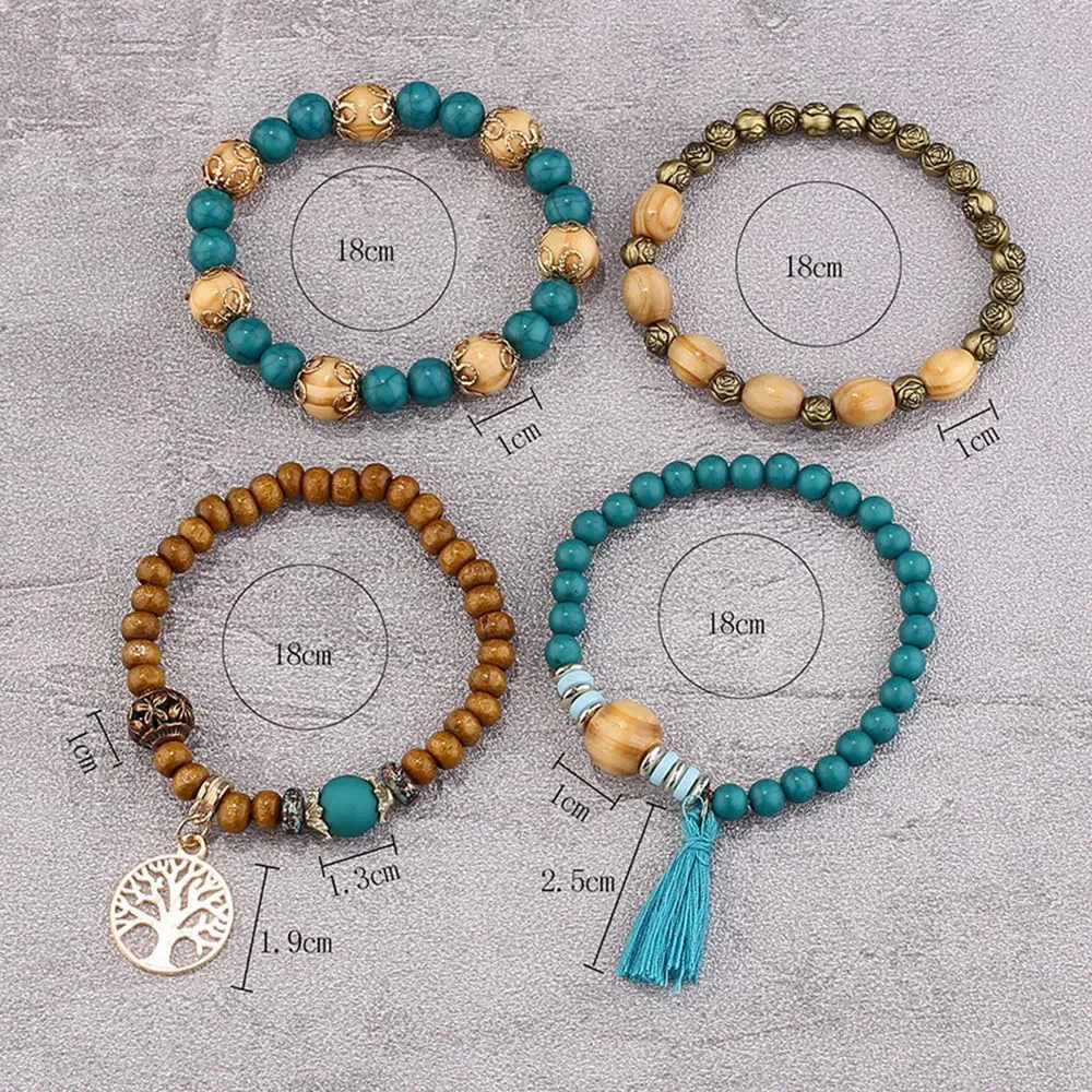 4 Pcs Bohemian Stackable Bracelets for Women Men Set Stretch Multilayer Stack Beads Colorful Beaded Charm Tree of Life Handmade Tassels Jewelry Hippie Bracelet Dainty Best Friends Gift