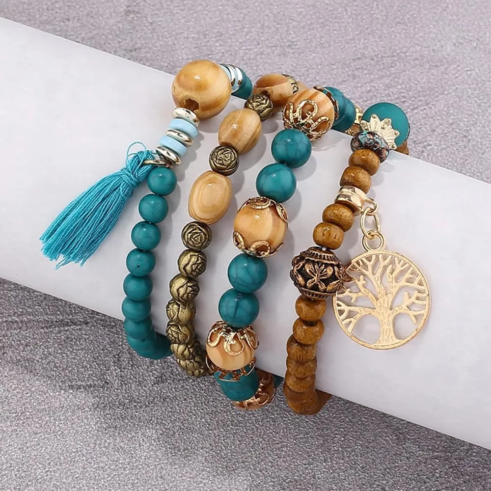 4 Pcs Bohemian Stackable Bracelets for Women Men Set Stretch Multilayer Stack Beads Colorful Beaded Charm Tree of Life Handmade Tassels Jewelry Hippie Bracelet Dainty Best Friends Gift