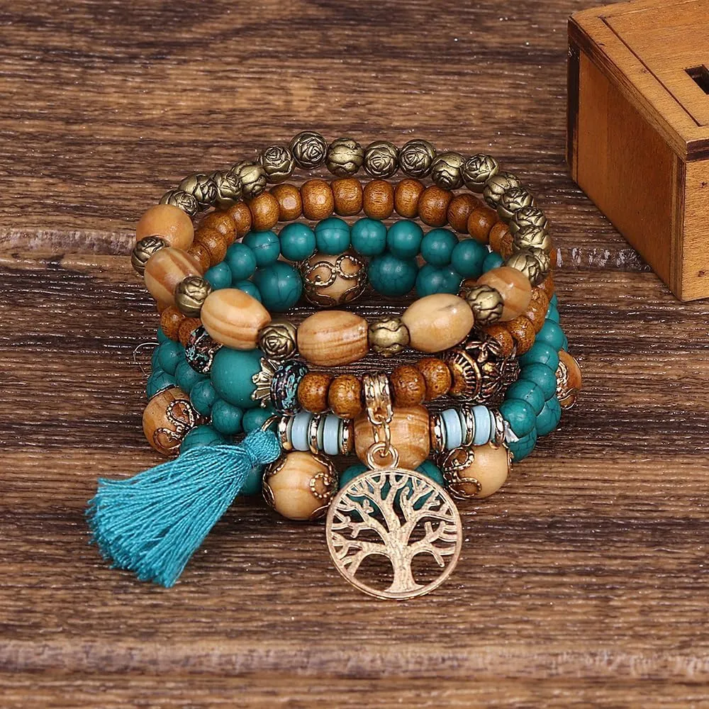 4 Pcs Bohemian Stackable Bracelets for Women Men Set Stretch Multilayer Stack Beads Colorful Beaded Charm Tree of Life Handmade Tassels Jewelry Hippie Bracelet Dainty Best Friends Gift