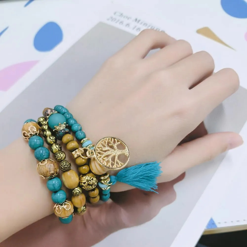 4 Pcs Bohemian Stackable Bracelets for Women Men Set Stretch Multilayer Stack Beads Colorful Beaded Charm Tree of Life Handmade Tassels Jewelry Hippie Bracelet Dainty Best Friends Gift