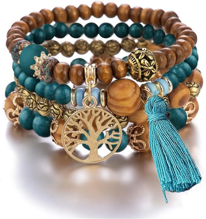4 Pcs Bohemian Stackable Bracelets for Women Men Set Stretch Multilayer Stack Beads Colorful Beaded Charm Tree of Life Handmade Tassels Jewelry Hippie Bracelet Dainty Best Friends Gift