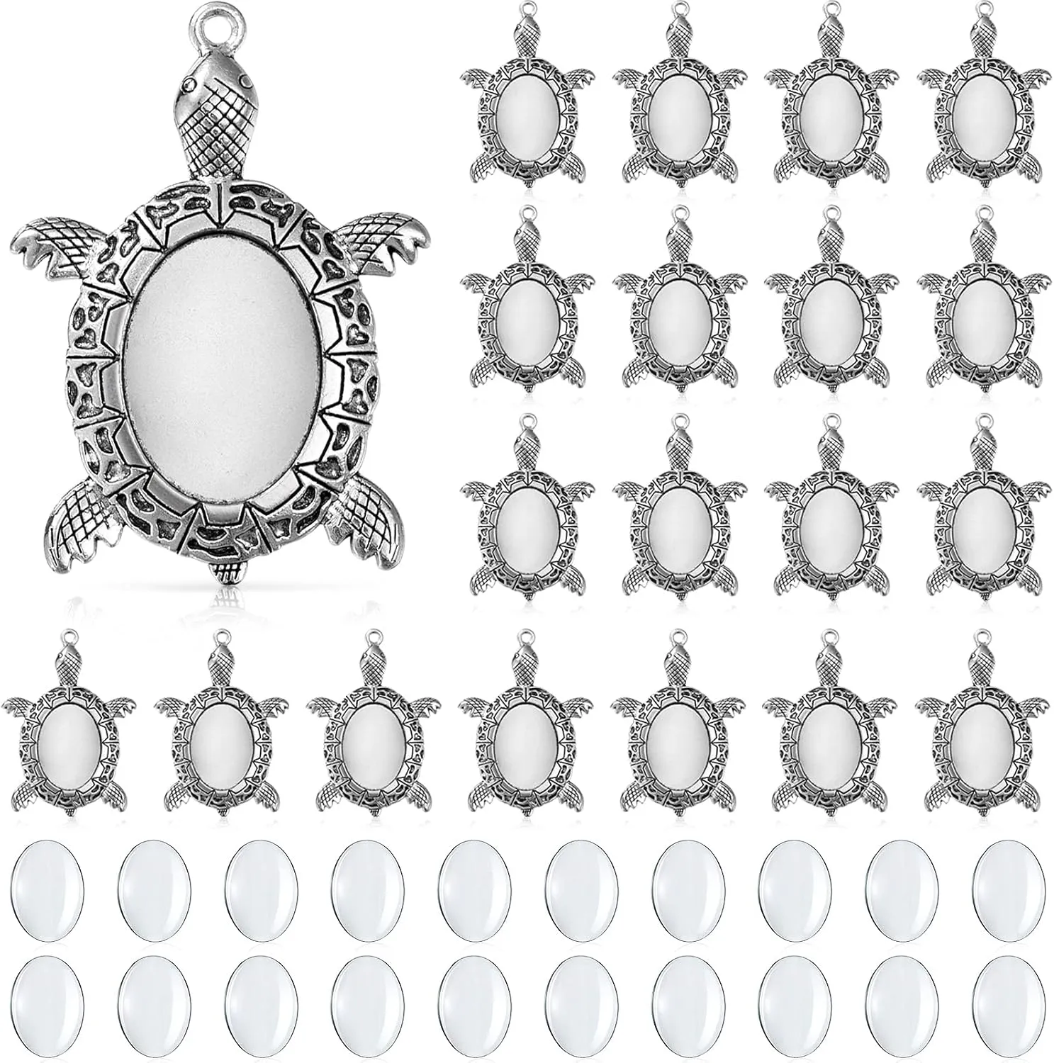 40 Pieces Antique Silver Turtle Pendant Settings, Include 20 Blank Turtle Pendant Tray with 0.71 x 0.98 Inch Oval Cabochons Base for DIY Jewelry Making