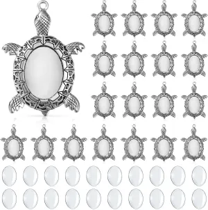 40 Pieces Antique Silver Turtle Pendant Settings, Include 20 Blank Turtle Pendant Tray with 0.71 x 0.98 Inch Oval Cabochons Base for DIY Jewelry Making