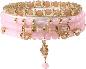 4Pcs Bohemia Crystal Fringe Charm Bracelets Set Handmade Multilayer Stackable Resin Beaded Stretch Bracelets for Women Men Summer Beach Boho Vacation Jewelry Gifts