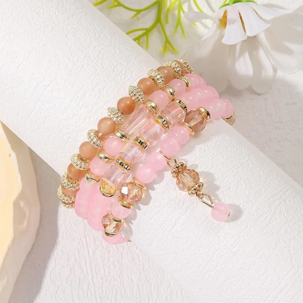 4Pcs Bohemia Crystal Fringe Charm Bracelets Set Handmade Multilayer Stackable Resin Beaded Stretch Bracelets for Women Men Summer Beach Boho Vacation Jewelry Gifts