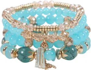 4Pcs Bohemia Multilayer Stackable Beaded Bracelets Set Colorful Crystal Stone Gold Beaded Stretch Bracelets Hawaii Charm Bracelet for Women Men Summer Beach Boho Vacation Jewelry Gifts