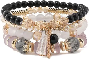 4Pcs Bohemia Multilayer Stackable Beaded Bracelets Set Colorful Crystal Stone Gold Beaded Stretch Bracelets Hawaii Charm Bracelet for Women Men Summer Beach Boho Vacation Jewelry Gifts