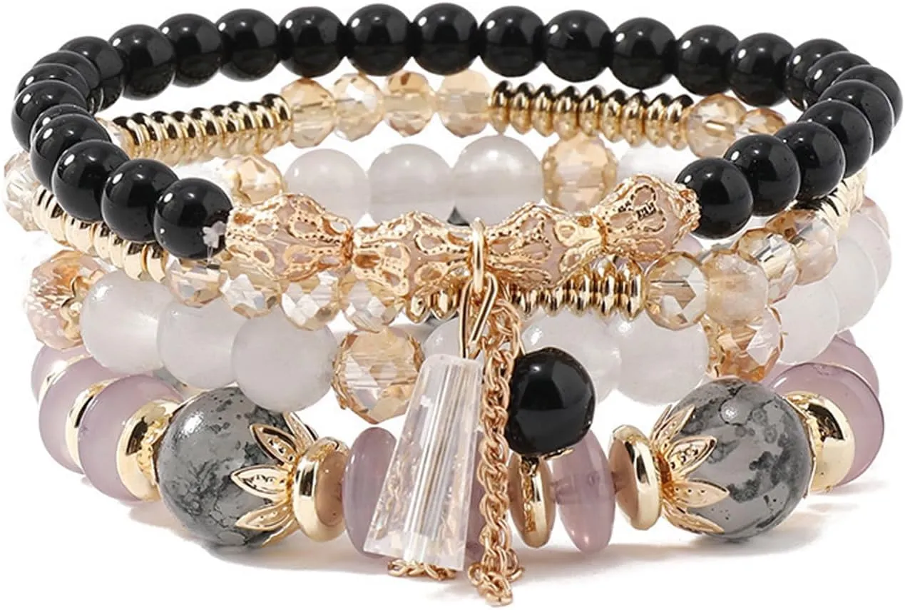 4Pcs Bohemia Multilayer Stackable Beaded Bracelets Set Colorful Crystal Stone Gold Beaded Stretch Bracelets Hawaii Charm Bracelet for Women Men Summer Beach Boho Vacation Jewelry Gifts