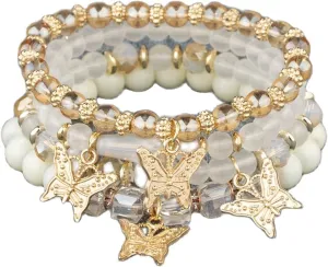 4Pcs Dainty Butterfly Charm Bracelet Bohemian Gold Beaded Stackable Stretch Bracelet Set Elastic Multilayer Colorful Charm Bracelets Summer Jewelry for Women