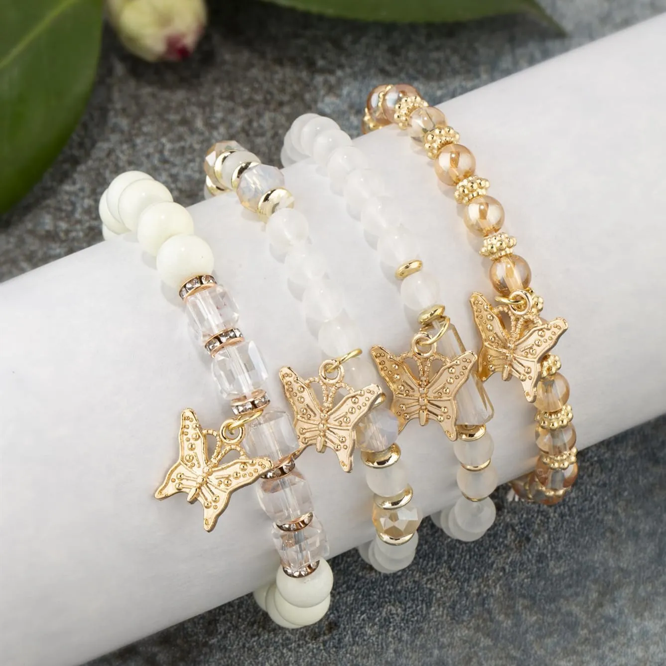 4Pcs Dainty Butterfly Charm Bracelet Bohemian Gold Beaded Stackable Stretch Bracelet Set Elastic Multilayer Colorful Charm Bracelets Summer Jewelry for Women