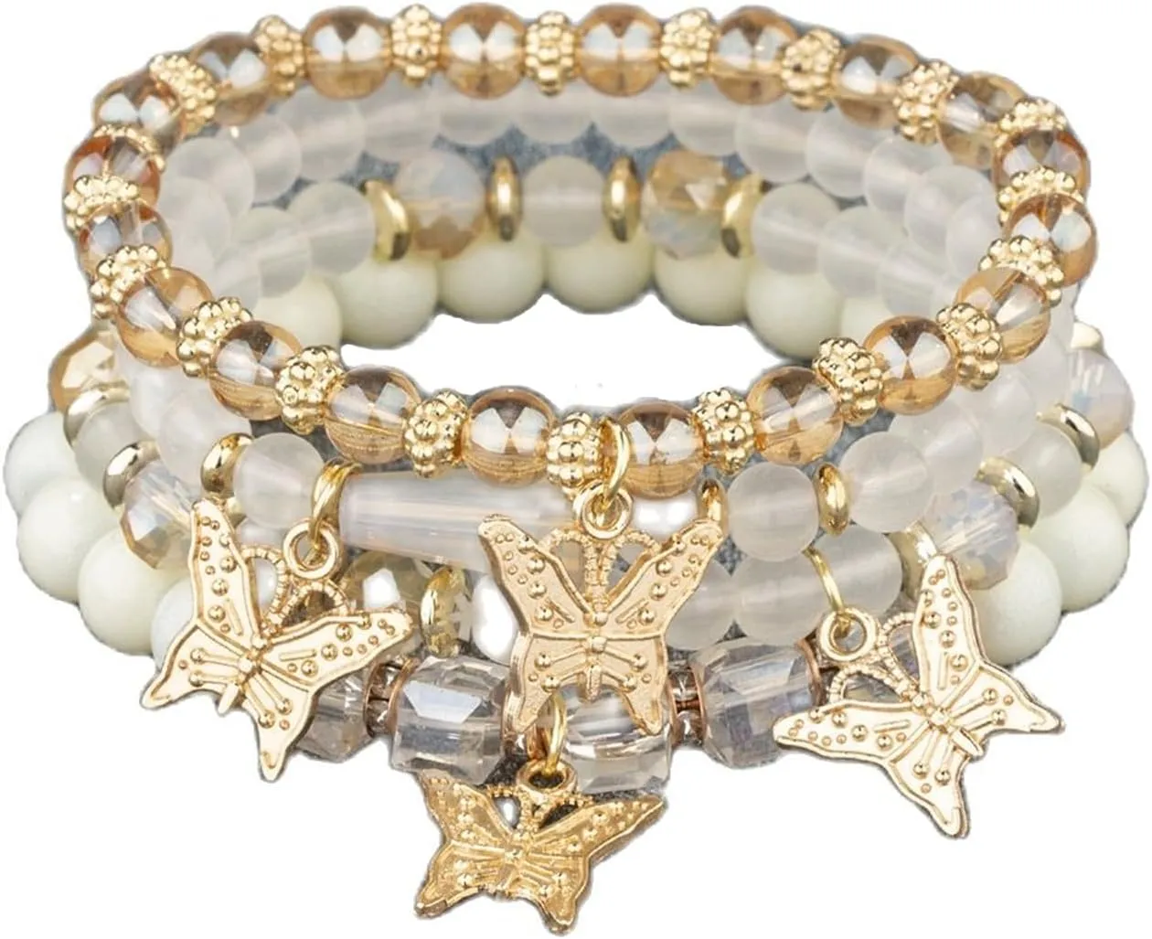 4Pcs Dainty Butterfly Charm Bracelet Bohemian Gold Beaded Stackable Stretch Bracelet Set Elastic Multilayer Colorful Charm Bracelets Summer Jewelry for Women
