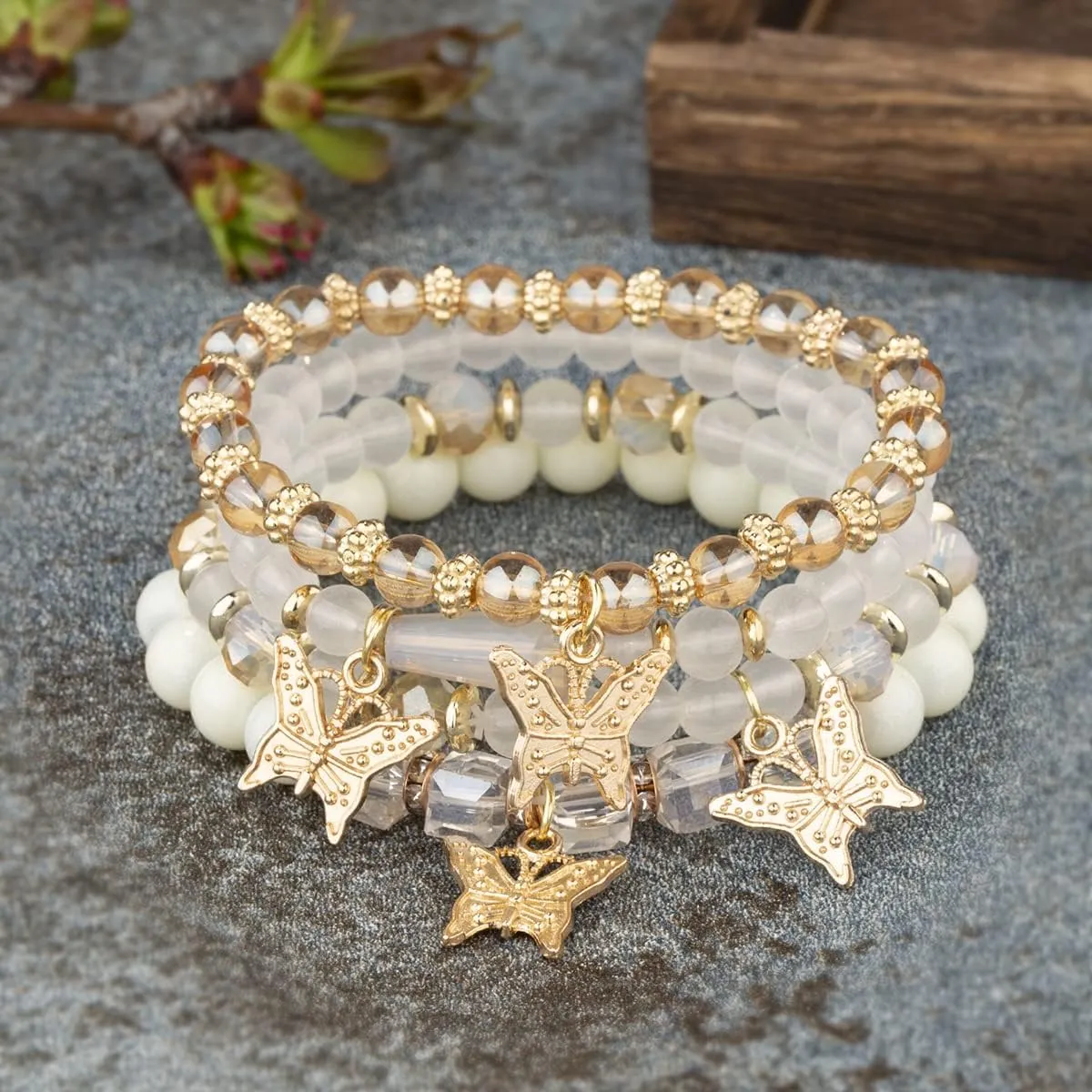 4Pcs Dainty Butterfly Charm Bracelet Bohemian Gold Beaded Stackable Stretch Bracelet Set Elastic Multilayer Colorful Charm Bracelets Summer Jewelry for Women