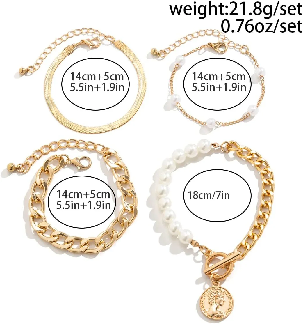 4Pcs Dainty Pearl Bracelet Set,Charming Layered OT Clasp Small Bead Chain Link Bangle Set,Aesthetic Plated Gold Jewelry Gift for Women