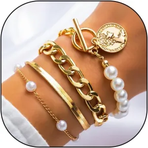 4Pcs Dainty Pearl Bracelet Set,Charming Layered OT Clasp Small Bead Chain Link Bangle Set,Aesthetic Plated Gold Jewelry Gift for Women