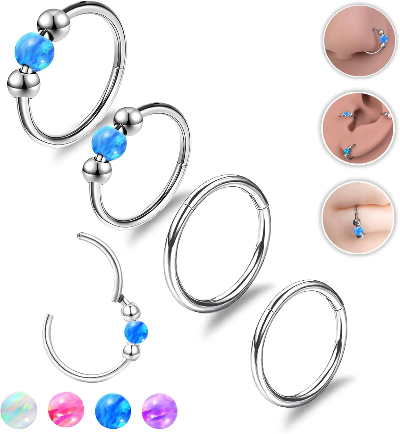 4PCS Nose Rings Opal 18G Nose Hoops 316L Surgical Steel Hypoallergernic Nose Piercings Jewelry for Women Nose Rings Suitable for Septum Rings Cartilage Earring Tragus Earring
