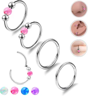 4PCS Nose Rings Opal 18G Nose Hoops 316L Surgical Steel Hypoallergernic Nose Piercings Jewelry for Women Nose Rings Suitable for Septum Rings Cartilage Earring Tragus Earring