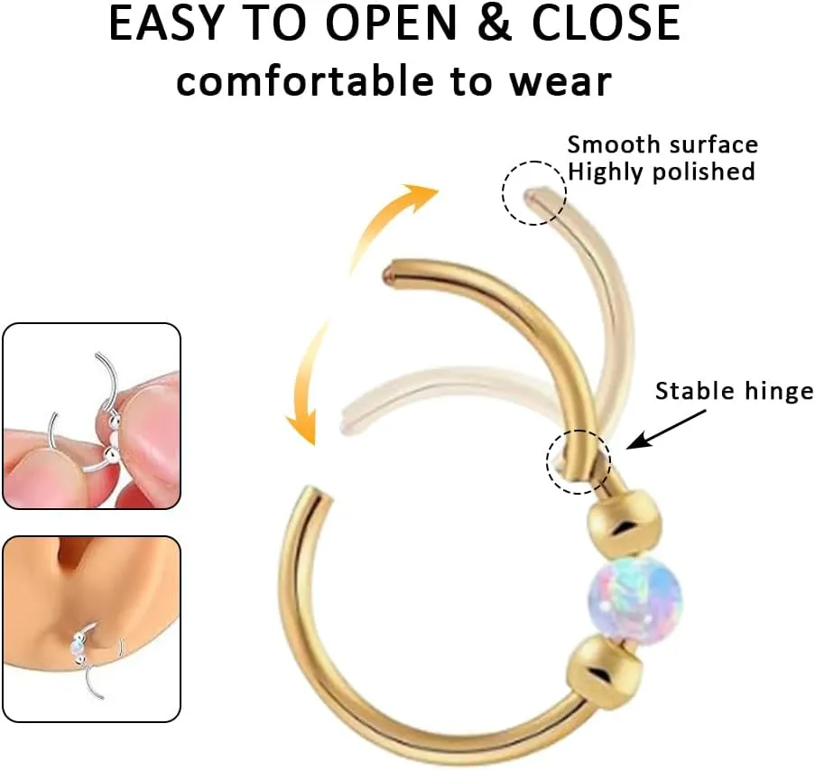 4PCS Nose Rings Opal 18G Nose Hoops 316L Surgical Steel Hypoallergernic Nose Piercings Jewelry for Women Nose Rings Suitable for Septum Rings Cartilage Earring Tragus Earring