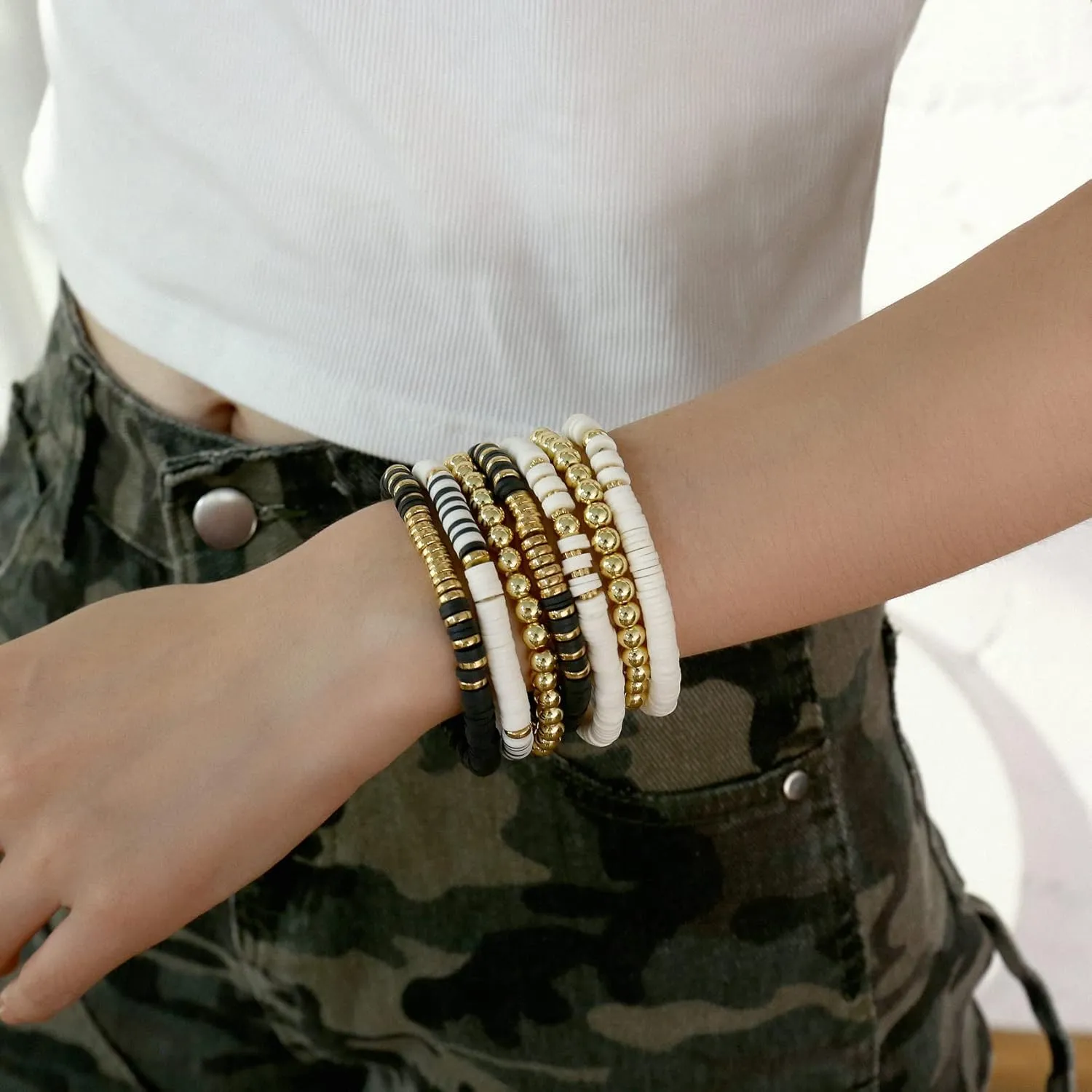 5-7PCS Surfer Colorful Clay Beads Stretch Bracelets Bohemian Stackable Gold Beads Vinyl Disc Elastic Bracelets Multilayer Summer Beach Jewelry Set