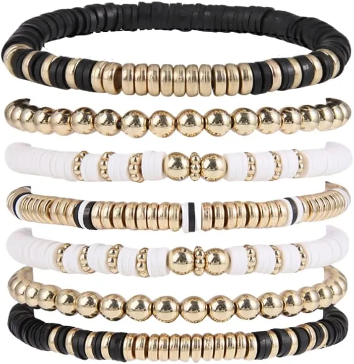 5-7PCS Surfer Colorful Clay Beads Stretch Bracelets Bohemian Stackable Gold Beads Vinyl Disc Elastic Bracelets Multilayer Summer Beach Jewelry Set