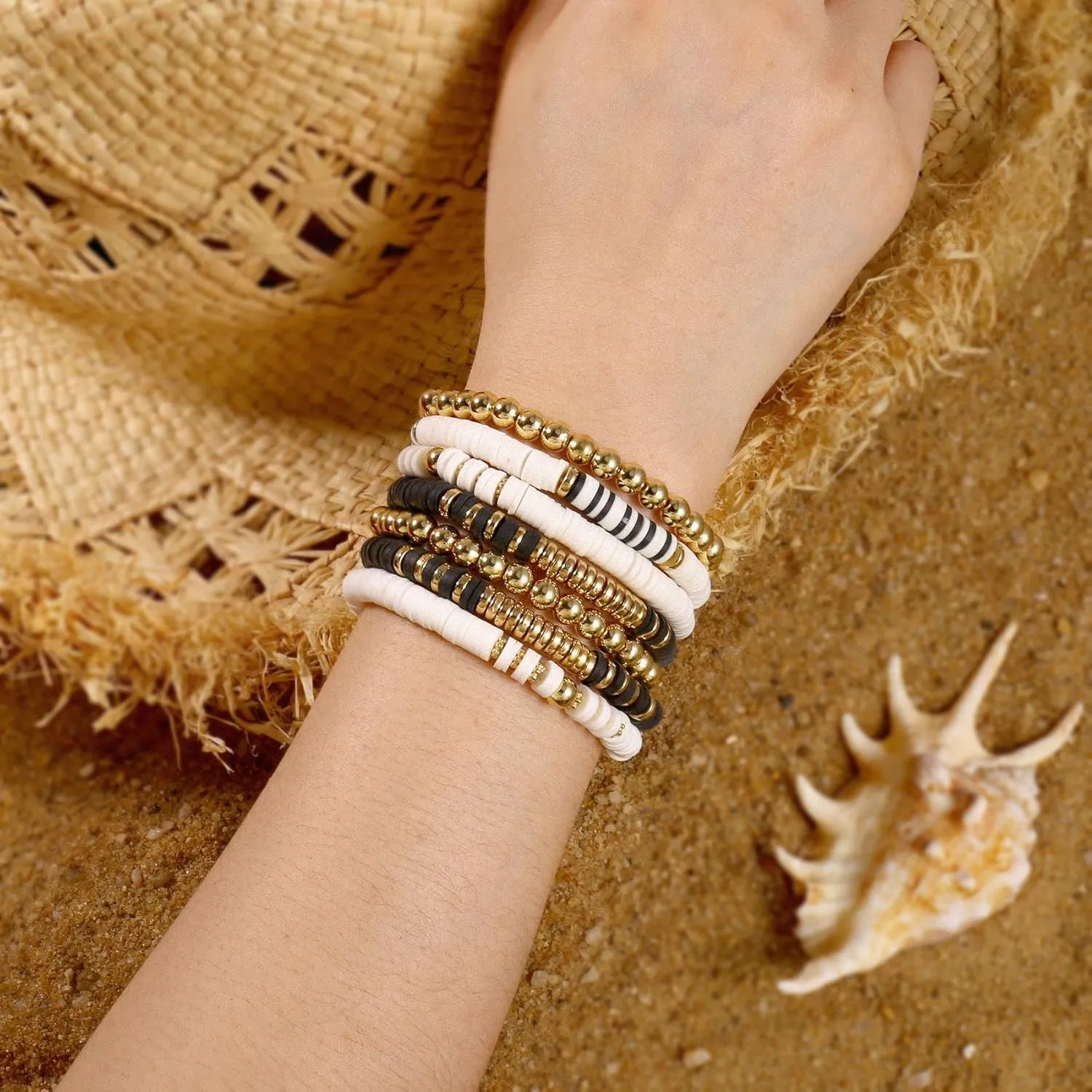 5-7PCS Surfer Colorful Clay Beads Stretch Bracelets Bohemian Stackable Gold Beads Vinyl Disc Elastic Bracelets Multilayer Summer Beach Jewelry Set
