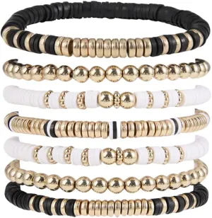5-7PCS Surfer Colorful Clay Beads Stretch Bracelets Bohemian Stackable Gold Beads Vinyl Disc Elastic Bracelets Multilayer Summer Beach Jewelry Set