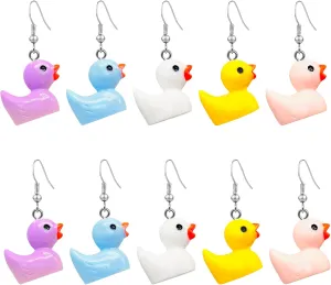 5 Pairs of Cute Duck Dangle Drop Earrings Funny Resin Little Yellow Duckie Pendant Earrings for Women Charming Jewelry Gift