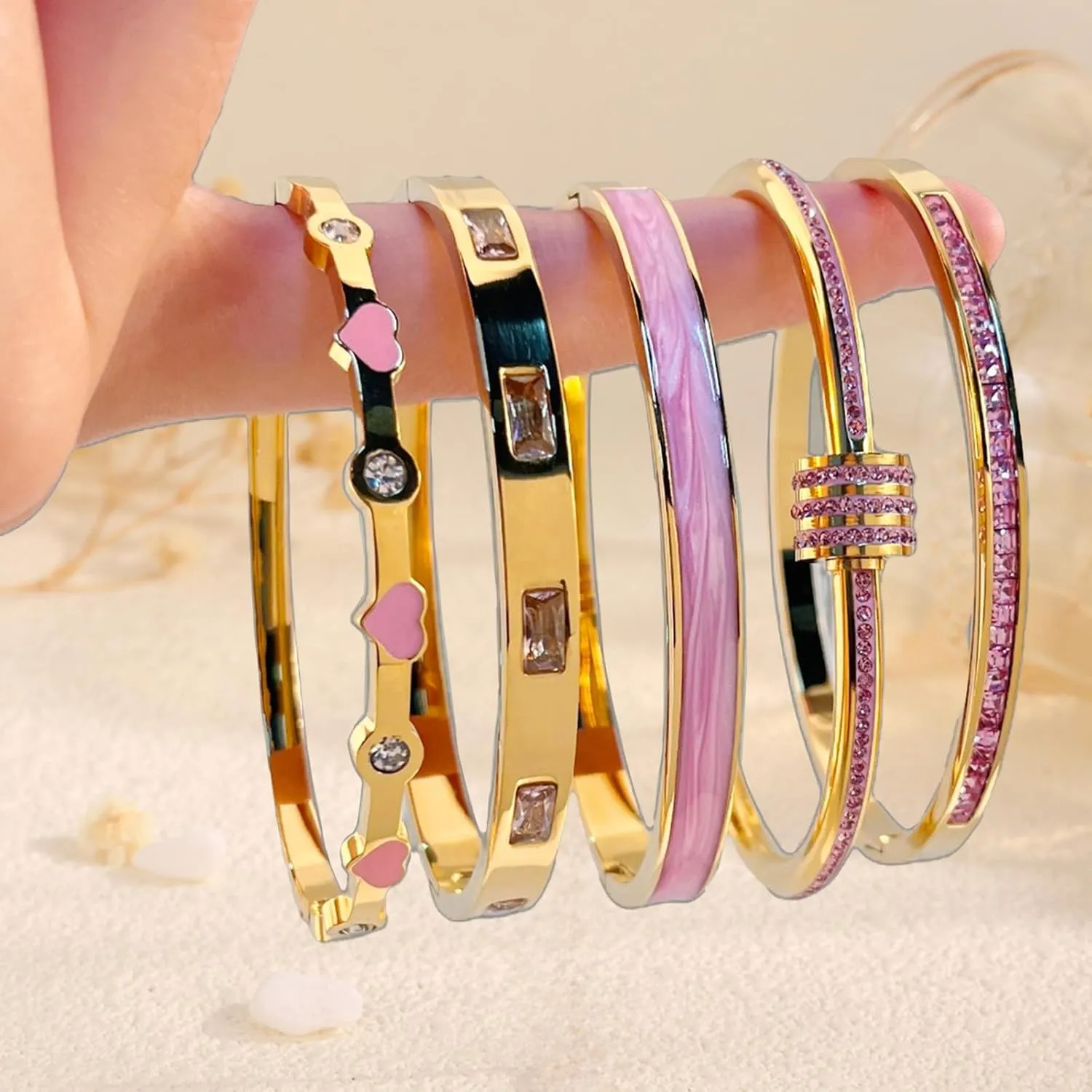5-Piece Stackable Gold Bangle Bracelet Set for Women - 18K Gold Plated Stainless Steel with Pink Crystal Friendship & Love Heart Bracelet Jewelry Gift for Her