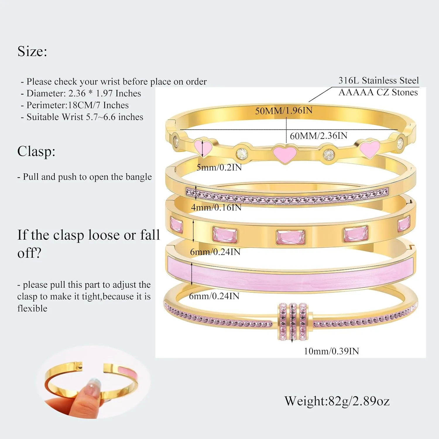 5-Piece Stackable Gold Bangle Bracelet Set for Women - 18K Gold Plated Stainless Steel with Pink Crystal Friendship & Love Heart Bracelet Jewelry Gift for Her