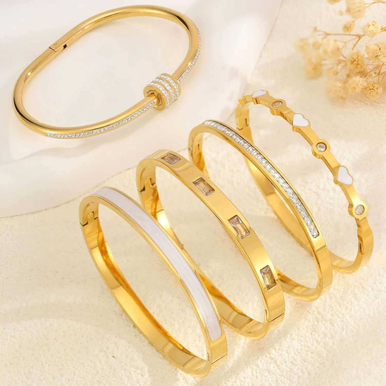 5-Piece Stackable Gold Bangle Bracelet Set for Women - 18K Gold Plated Stainless Steel with Pink Crystal Friendship & Love Heart Bracelet Jewelry Gift for Her