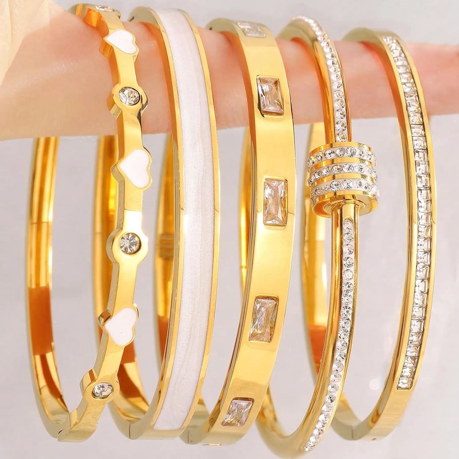 5-Piece Stackable Gold Bangle Bracelet Set for Women - 18K Gold Plated Stainless Steel with Pink Crystal Friendship & Love Heart Bracelet Jewelry Gift for Her