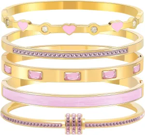 5-Piece Stackable Gold Bangle Bracelet Set for Women - 18K Gold Plated Stainless Steel with Pink Crystal Friendship & Love Heart Bracelet Jewelry Gift for Her