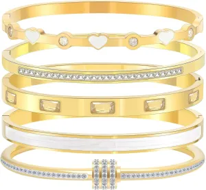 5-Piece Stackable Gold Bangle Bracelet Set for Women - 18K Gold Plated Stainless Steel with Pink Crystal Friendship & Love Heart Bracelet Jewelry Gift for Her