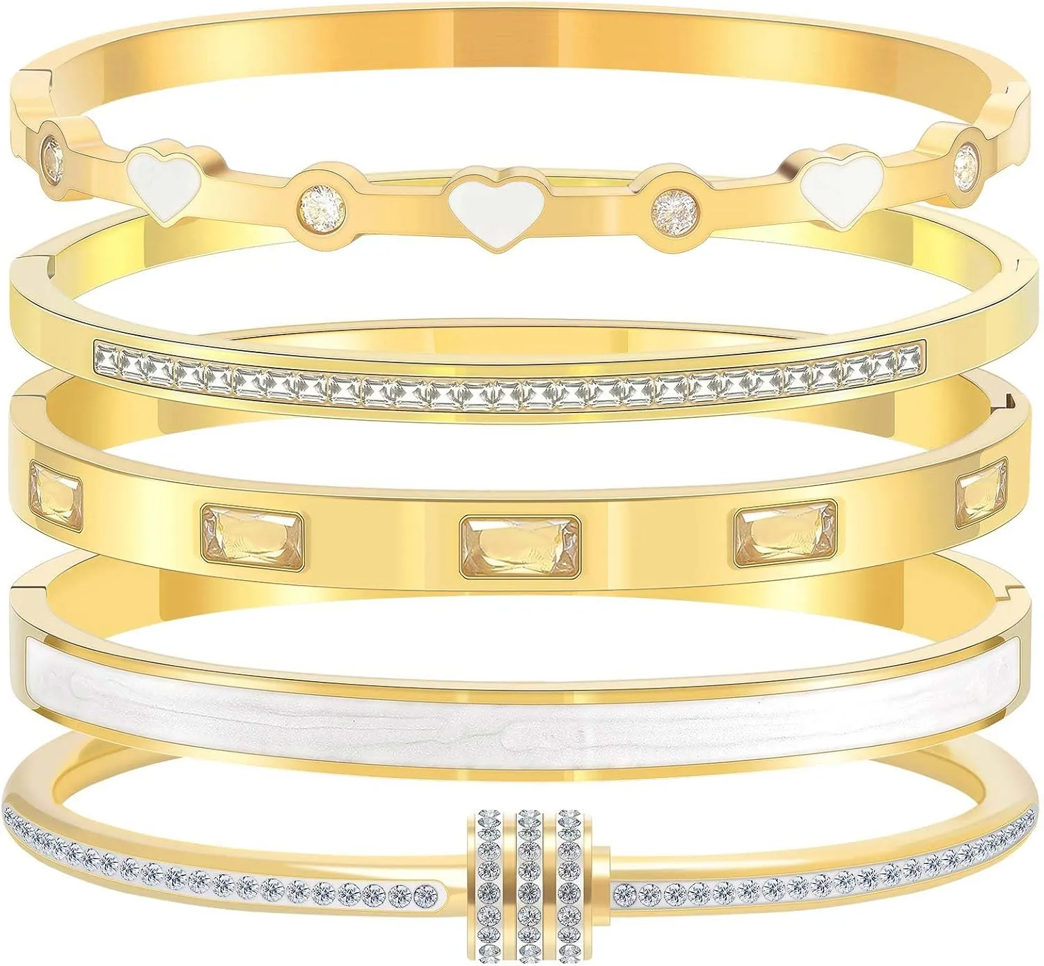 5-Piece Stackable Gold Bangle Bracelet Set for Women - 18K Gold Plated Stainless Steel with Pink Crystal Friendship & Love Heart Bracelet Jewelry Gift for Her